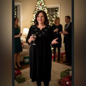 Quacker Factory Velour Long Sleeve Maxi Dress 1X Sequin Snowflakes Black Pockets